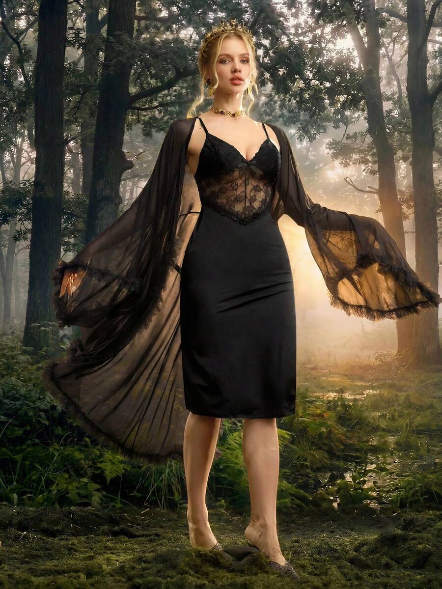 PinupPomp Robe Feminina de Manga Longa Transparente com Decote em V Profundo, Amarração na Frente e Recortes em Tela - Preto - Visão 1
