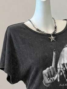 Attitoon 女款 95% 棉雪洗炭灰色蝙蝠袖 T-shirt，LA 手勢圖案，夏季嘻哈街頭 Y2K 風格 - 彩色 - 查看 4