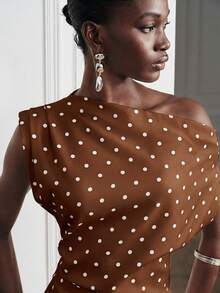 Aveloria Modichic Elegant High-End Party Luxury Asymmetric Shoulder Ruched Waist Design Brown And White Polka Dot Print Women's Padded Sleeveless Long Dress Summer - Coffee - View 6