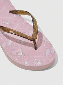 HELLO KITTY AND FRIENDS | SHEIN 女款可愛卡通夾腳拖鞋 夏季穿著 卡通彩虹印花 防滑 度假沙灘涼鞋 - 豆沙粉 - 查看 4