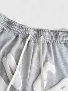 ROMWE MEN Prep Men's Streetwear Letter Puff Print 3/4 Length Sweatpants - Grey - View 4