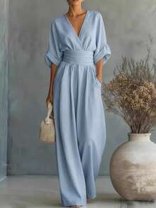 SHEIN Tall Solid Color Batwing Sleeve Cinched Waist Jumpsuit - Blue - View 1