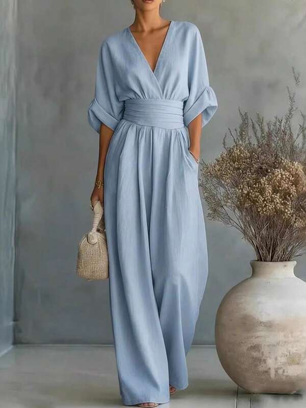SHEIN Tall Solid Color Batwing Sleeve Cinched Waist Jumpsuit