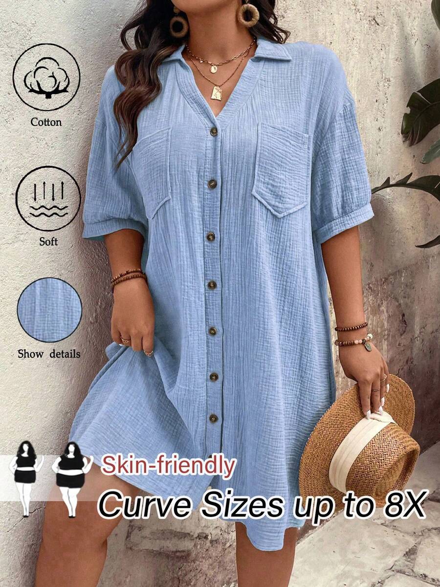 SHEIN CURVE+ Plus Size Women's Elegant Casual Pure Cotton Solid Color Woven Button Dropped Shoulder Puff Sleeve Pocket V-Neck Lapel Summer Mid-Length Shirt Dress - Blue - View 1