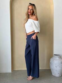 Brooke Lily Plain Casual Straight Leg Trousers With Pockets, Low-Rise - Navy Blue - View 5