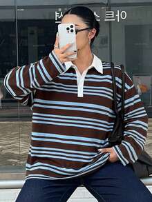 Dazy Plus 女款大尺碼寬鬆街頭風拼色條紋 Polo 領長袖秋季 T 恤 校園風 - 藏蓝色 - 查看 2