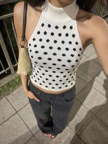 Selianne 春夏新款女款性感可愛修身抹胸掛脖針織上衣，經典黑白波點提花貼身上衣，適合春夏出遊、海灘約會、度假或鄉村音樂節女款針織上衣波點拼接海灘度假女款針織上衣 - 黑與白 - 查看 3