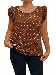 CosyJoli Summer Women's Brown Bow-Tie Color-Blocked Back Tie Ruffle Blouse, Short Flutter Sleeve Top, Plus Size Cute Summer, Holiday - Coffee Brown - View 5