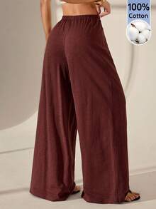SHEIN PETITE 春夏女款浪漫/舞會/正式/生日/90年代風格/商務休閒/優雅/西式穿著/外出/時尚/休閒/Y2K風格/夜店/辦公室/雞尾酒會/復古/緊身/電音派對/節慶/趣味/高雅/老錢風/街頭風/度假穿著/鄉村音樂會穿著/工作服/保守/春假/單身派對穿著/音樂會/酷女孩/基礎款/畢業/低腰/寬鬆/直筒/寬腿/100%純棉褲子，小個女款 - 咖啡棕 - 查看 2