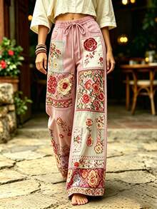 Selamara 波希米亞風花卉仿刺繡拼接粉色寬腿長褲，森林田園風夏季度假休閒長褲 - 彩色 - 查看 4