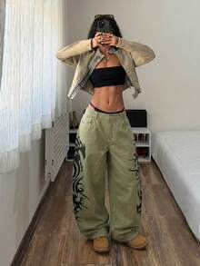 StreetHx Plus Size Fashion 2000s 90s Vintage Retro Print Curved Leg Wide Leg Jeans Date Night Green Summer - Olive Green - View 5