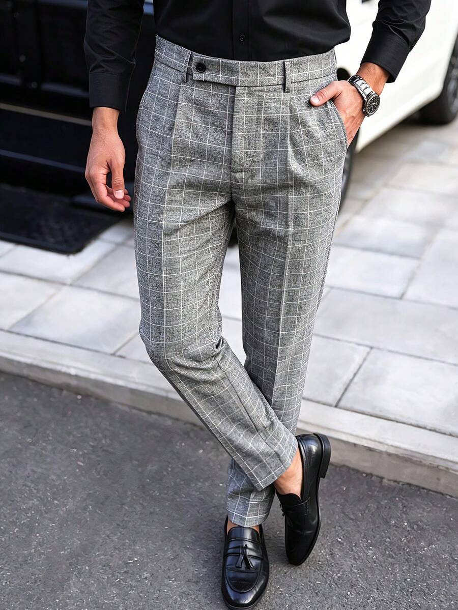 Manfinity Bizformal 男士灰色格紋修身西裝褲,附腰帶環,單褶設計,半鬆緊腰頭與拉鍊,儀式場合適用 - 灰色 - 查看 1