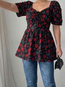Modelyn Women's Square Neck Pleated Short Sleeve Waist-Cinching Elegant Sexy Fairycore Romantic Daily Morning Tea Party Plus Size Blouse Black Summer - Multicolor - View 6