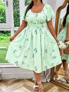SHEIN MOOSTA Plus Size Women's Floral Digital Print Dress With Drawstring Chest And Elastic Waist - Mint Green - View 3