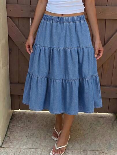 Girls' Dark Blue Denim Loose Skirt