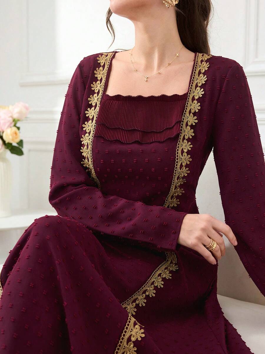 Al Najma Women's Long Sleeve Pleated Ruffle Square Neck Contrast Trim Arabian Dress - Red - View 1