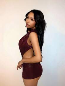Amplova Women's Tight Burgundy Jumpsuit Backless Deep V-Neck Waist Cutout Snake Skin Pattern Stretchy Summer Club Night Out Night Rave Avant-Garde Sexy - Burgundy - View 15