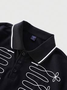 ROMWE MEN Street Life 男士哥德宮廷風直筒開襟刺繡 Polo 衫 - 黑色 - 查看 3
