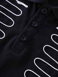 ROMWE MEN Street Life 男士哥德宮廷風直筒開襟刺繡 Polo 衫 - 黑色 - 查看 6