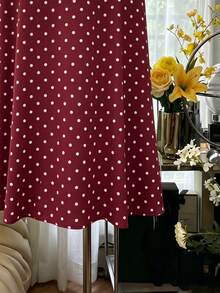 Celisse Women's Fashion Versatile Polka Dot Print Criss-Cross Pleated Button Dress - Burgundy - View 3