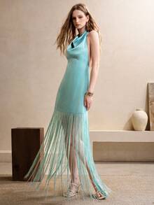 SHEIN Franclia 純色夏季流蘇裝飾掛脖緞面洋裝 - 藍色 - 查看 5