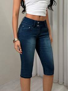 TRNVIE Fashion Casual Wide Waistband 7/10 Length Denim Flare Pants - Dark Wash - View 6