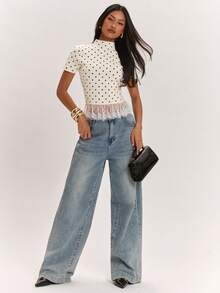 SHEIN BAE Vintage Minimalist Short Sleeve Contrast Lace Trim Commuter Versatile Women's Sweater - Beige - View 4