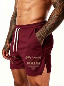 GymBeat Men's Letter Print Drawstring Waist Sports Shorts, Gym - Black - View 4