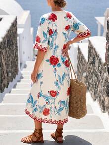 SHEIN Holidaya 女款短袖鏤空V領花卉印花洋裝 - 彩色 - 查看 2