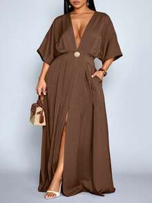 SOLERSUN Plus Size Spring Summer Women's Elegant Sexy Deep V Neck Solid Color Short Sleeve Fitted Waist Pleated Split Thigh Maxi Dress,Wedding Guest Party - Coffee Brown - View 5