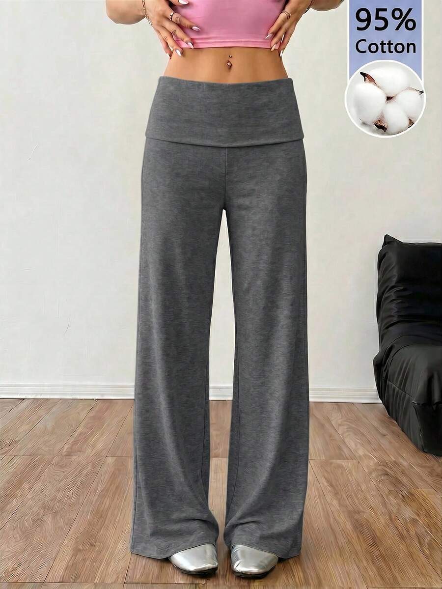 SHEIN EZwear 休閒簡約 95% 棉 深灰色高腰寬腿鬆弛休閒長褲,適合春夏穿著 - 深灰色 - 查看 1