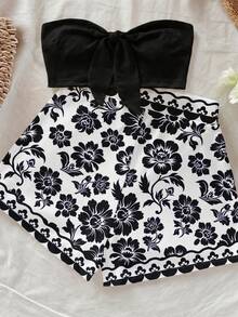 Soleia Setelan Liburan Wanita 2 Potong Atasan Bandeau dengan Simpul Depan dan Celana Pendek Motif Bunga - Hitam - View 4
