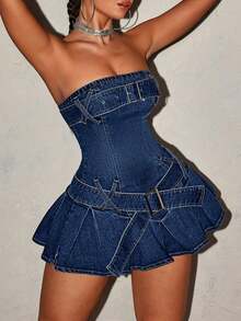 Jeanoix Plus Size Sexig Mini Denimklänning Med Bälte För Sommaren - Blå - Visa 1