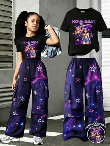 Tween女孩2件套時尚女團風星星字母漸層印花短袖上衣 & 星空漸層印花口袋工裝褲套裝，適合夏季外出穿著 - 彩色 - 查看 6