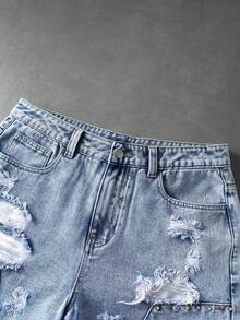 ROMWE MEN Celana Jeans Pria Gaya Y2K Model Lebar, Jeans Biru Muda Pudar dengan Efek Sobek dan Usang, Hiasan Rivet Warna-warni, Jeans Gaya Kargo Longgar Gaya Jalanan, Jeans Pria untuk Semua Musim. - Biru - View 4