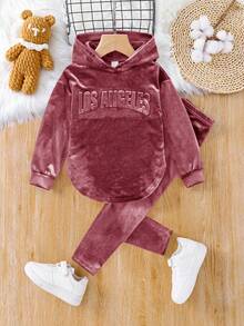 SHEIN 2-teiliges Set für Kleine Mädchen, lässig-elegant, aus Samt, Herbst/Winter, Hoodie-Pullover, locker, mit Drop-Shoulder, Sweatshirt mit 3D-Leggings, Schulanfang-Outfit - Pink - Übersicht 1