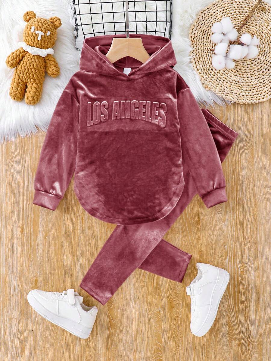 SHEIN 2-teiliges Set für Kleine Mädchen, lässig-elegant, aus Samt, Herbst/Winter, Hoodie-Pullover, locker, mit Drop-Shoulder, Sweatshirt mit 3D-Leggings, Schulanfang-Outfit - Pink - Übersicht 1