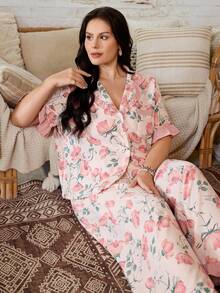 Serenescape Plus Size Floral Print Short Sleeve & Long Pants Pajama Set With Ruffle Trim - Pink - View 4
