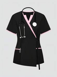 TaskEZ Scrubs Set: V-Neck Short Sleeve Top & Pants Scrub Uniform For Healthcare Workers - Black - View 3