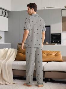 CoupledUp Men's Bowknot Striped Print Open Front Lapel Short Sleeve Long Pants Pajama Set - Black - View 3