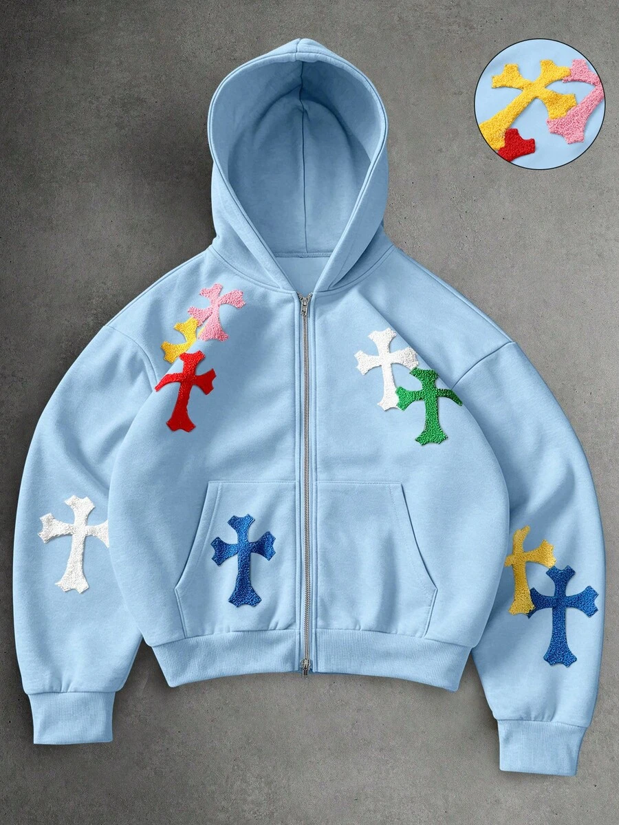 PAVTROS Men's Solid Color Zip-Up Hoodie With Colorful Patch Pocket Long Sleeve - Blue - View 1