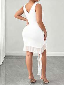 Elenzga Plus Size Women's Spring/Summer Fashion Fitted V-Neck Spaghetti Strap Patchwork Mesh Ruffle Floral Decor Solid Color Dress - White - View 2