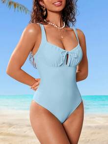 Shapewave Traje de baño de una pieza de unicolor para mujer para vacaciones y playa - Celeste - Ver 4