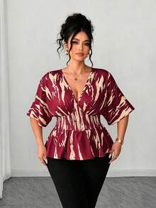 SHEIN Elenzya 女款大尺碼V領蝙蝠袖休閒襯衫，適合外出、派對與通勤 - 紅色 - 查看 7