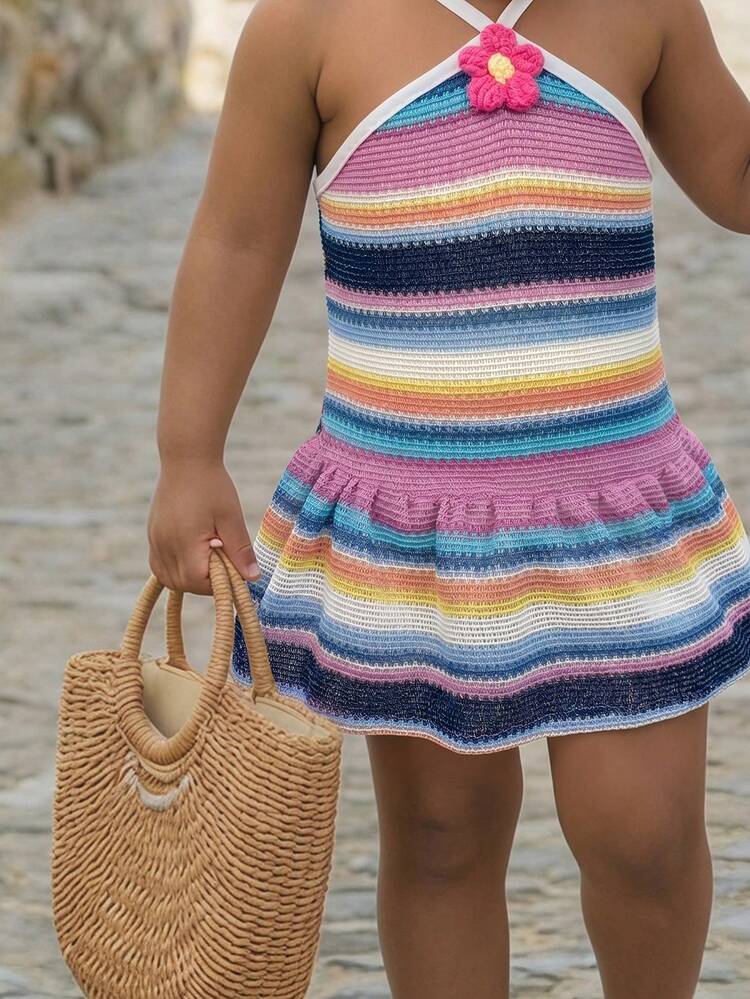 SHEIN Baby Girl Striped Color Block 3D Flower Embroidery Dress For Vacation Vacation Pink And White Striped Summer Cute - Baby Pink - View 3