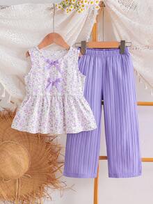SHEIN Elladie kids 女童新款清新田園風細碎花兩件套，粉色蝴蝶結裝飾無袖背心上衣 + 粉色紋理布料寬腿長褲，甜美可愛時尚日常穿搭，夏季 - 紫色 - 查看 11