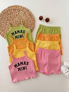 SHEIN LMoss Kids Set Pakaian Musim Panas Anak Perempuan (8 pcs/acak), Atasan Camisole Rajut Bergaris Polos dan Celana Pendek Kasual, Pakaian Rumah Lucu Sehari-hari untuk Anak Perempuan, Warna Permen - MultiWarna - View 3