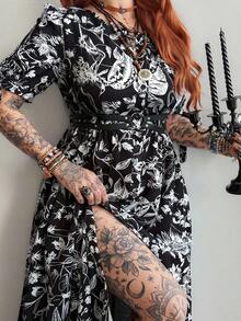 Whyspr Plus Size Spring/Summer Punk Vintage Butterfly Print Vacation Dress - Black - View 6