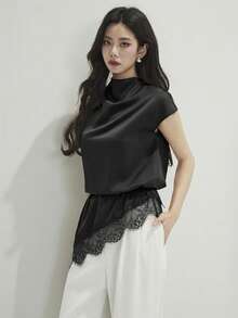 Heiryn Women's Solid Color Stand Collar Asymmetric Hem Contrast Lace Casual Elegant Blouse Office Black Summer - Black - View 4