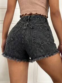 Women Solid Ripped Detailed Denim Shorts - Black - View 3
